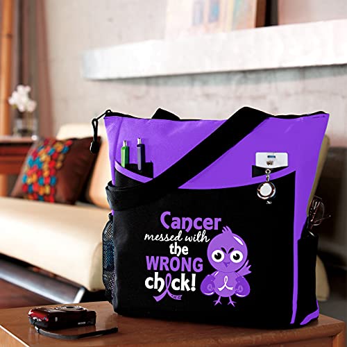"Messed With the Wrong Chick" Breast Cancer Tote Bag "Dakota" (Purple)