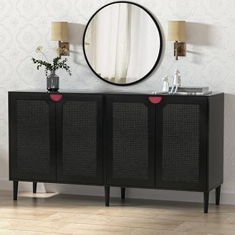 Anmytek 63" Rattan Sideboard Buffet Cabinet with 4 Doors, Large Kitchen Storage Cabinet Black Sideboard with Adjustable Shelf Credenzas for Kitchen Living Room Hallway H0108 Cover
