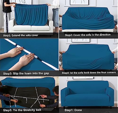 Image of LAZI Sofa Cover 3+1+1 Seater Airforce Blue Big Spandex Non-Slip Elastic Stretchable 3 Seater and 2 Seater Fully Covered 5 Seater Sofa Cover Protector for Sofa Stretchable slipcovers