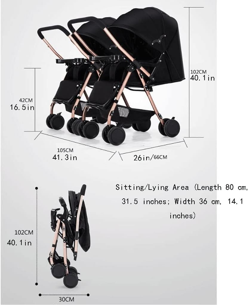 Rieort Poussette jumelle Pliable de Luxe Harnais à 5 Points poussettes Tandem réglable Chariot à baldaquin Poussette poussettes Tandem en métal