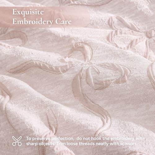 Image of Andency King Size Cute Comforter Set, 3 Pieces Pink Boho Tufted Bedding Set, 3D Puffy Bow Comforters for All Seasons (1 Comforter, 2 Pillow Shams), 104 inchx90 inch, Soft Peach