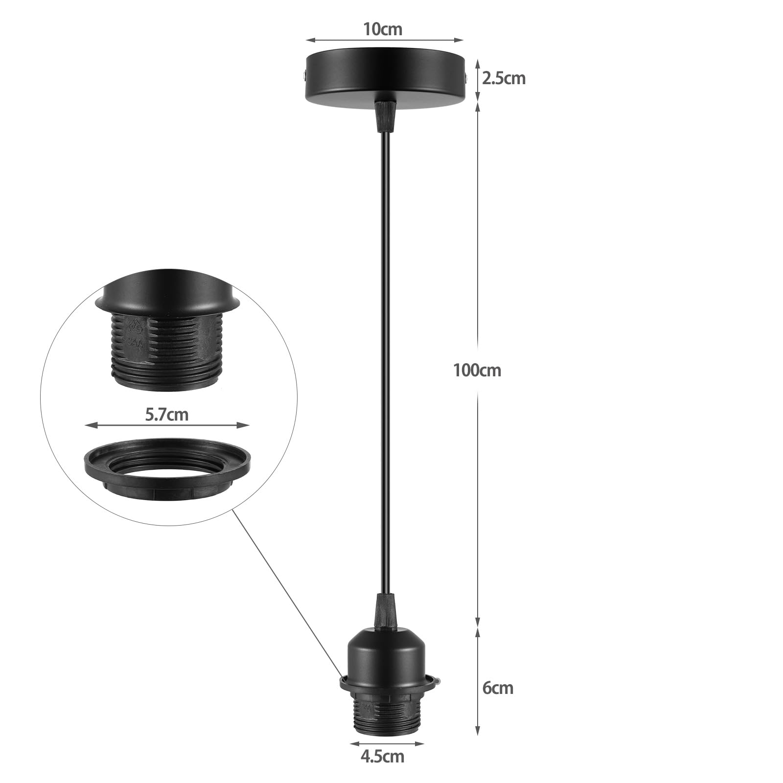 Tsling E27 Portalampada Sospensione Nero in Metallo,Set di E27 Lampade a Sospensione con Anello a Vite e Cavo Regolabile 100CM,per Camera da Letto Soggiorno Pranzo Caffè,Bar