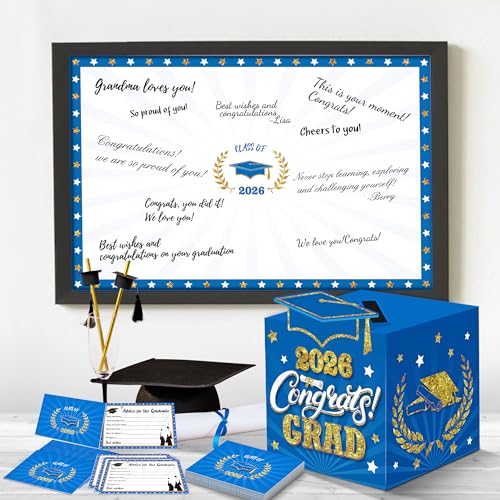 Image of Graduation Decorations Blue and Gold 2026 - Guest Book Alternative, Graduation Cards Box with 36PCS Advice Cards, Signature Board Congrats Grad Decoration Graduation Supplies 2026