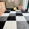 12Pcs Interlocking Carpet Tiles,12"x 12" Plush Interlocking Foam Carpet Tile with Border,Fluffy Play Mat Floor Tiles Thick Padded Squares Foam Tile for Playroom Decor (White+Grey+Black)