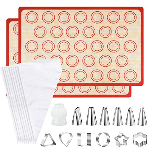 [2 pack] silicone macaron baking mat half sheet with 6 piping tip…