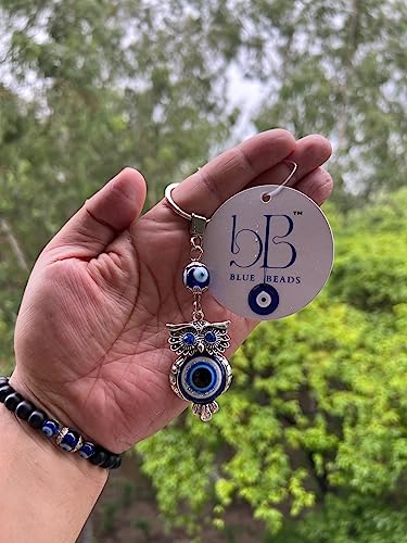 Image of BLUE BEADS Original Blue and Silver Color Evil Eye Keychain For Bike /Car Gifting With Key Ring Anti-Rust (Pack of 3)