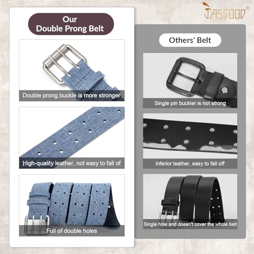 Image of JASGOOD Men Double Prong PU Leather Belt Casual Work Heavy Duty Belt Double Grommet Holes Belt for Jeans
