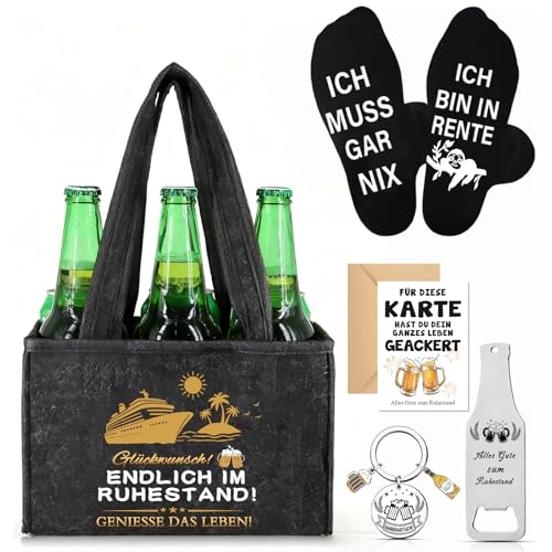 Wryzorix Renteneintritt Geschenk Männer Ruhestand Geschenk für Kollegen Freund Opa Filz Bier Handtasche für 6 Bierflaschen Socken Flaschenöffner Schlüsselanhänger & Karte Biergeschenke Männer