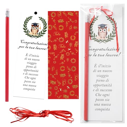 Errshing 92 Pezzi Cartoncini Segnaposto Laurea Set-30 Carta Segnalibro Laurea 30 Matita Rossa 30 Sacchetti Piccoli con Nastro Rosso da 10 m, Bomboniera Laurea Gadget Decorazioni Laurea Tavolo