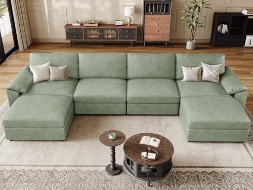 Image of EASE MOOSE Oversized Modular Sectional Sofa,Leather Sectional Couch with Deep Seat, Classic Extra Large U Shaped Couch,Faux Leather Material Sofa Comfy Scratch Resistant for Living Room,Green