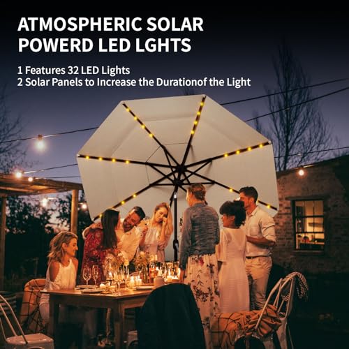 SUNBURY 9FT 3-Tier Solar LED Lights Patio Umbrella, Large Outdoor Umbrella with 8 Ribs, Outside Market Umbrella Sun Shade for Deck, Backyard, Poolside (Khaki)