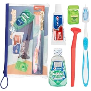 Practicon Adult Dental Care Kit, Travel Size Bundle w/Toothbrush with Cover, Crest Toothpaste, Floss, Tongue Cleaner and Scope Mouthwash, TSA Compliant Oral Care Kit