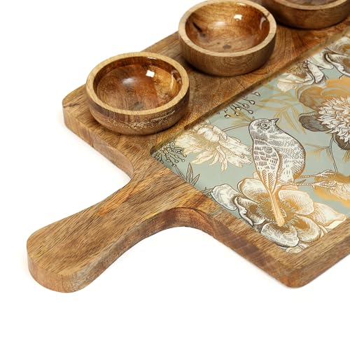 Image of Handcrafted Mango Wood Serving Platter with 3 Dip Bowls | Traditional Jamawar Kashmiri Print | Waterproof, Heat-Resistant, Food-Safe Lacquer Finish | 15.5 x 10 Inch | Made in India (3Katori: GreyBird)