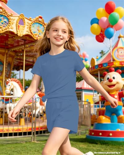 Image of Bestuline Girls Summer 2 Piece Outfits,Basic Short Sleeve Top & Shorts Set with Side Pockets,4-14Y