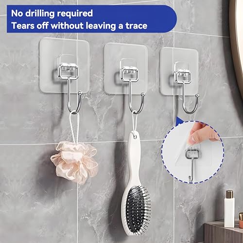 Image of 20 Pack Large Sticky Hooks for Hanging Heavy Duty, Wall Hooks Adhesive, Clear self Adhesive Hooks for Wall, Kitchen, Bathroom, Shower & Ceiling