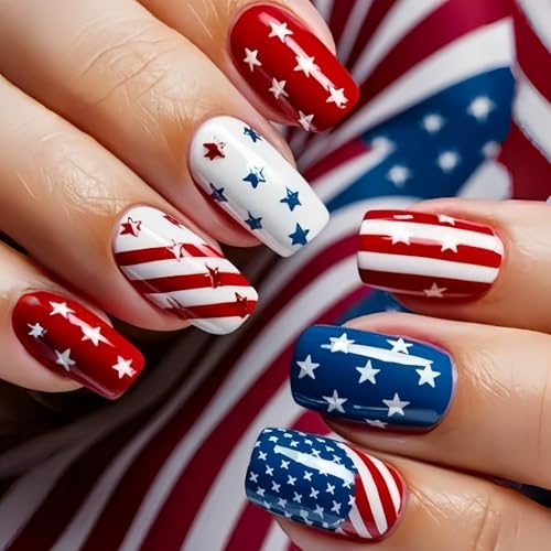 Independence Day Press on Nails Medium Square Fake Nails Patrioti...
