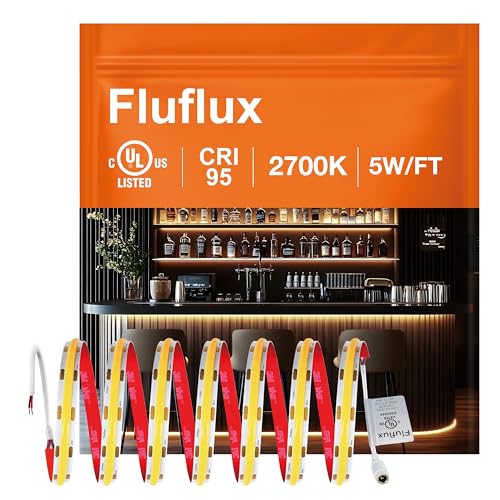 FluFlux 2700K COB LED Strip Lights, 24Volt Premium Flexible Tape Light with Strong 3M VHB Adhesive, CRI 95, UL Listed, Cuttable, Dimmable, 5W/FT for Bedroom, Kitchen, Cabinet (NO Power Supply)