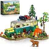 CUBIMANA Wildnis-Bus-Bauset mit Licht, 1392PCS Camping-Bauspielzeug-Set mit abnehmbarem Bus, Tieren und Zubehör, kreative Heimdekoration und Ausstellungsstück, Geschenk für Erwachsene und Jugendliche
