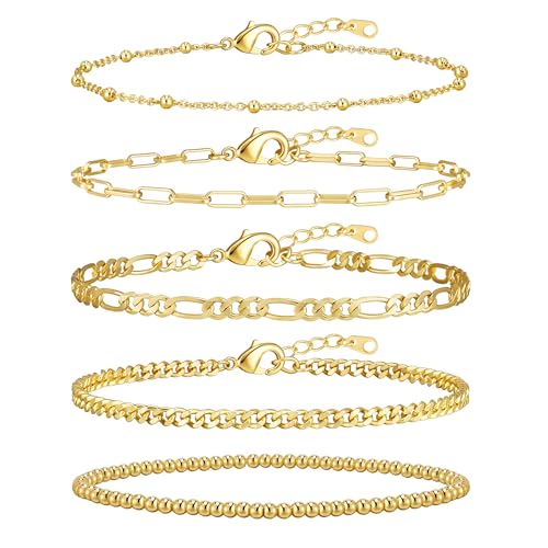 adoyi Gold Bracelets for Women Beaded Bracelet 14K Gold Plated Bracelet Stack Link Strand Stretch Bead Ball Stackable Bracelet Set Adjustable Bracelet Jewelry Gift for Women