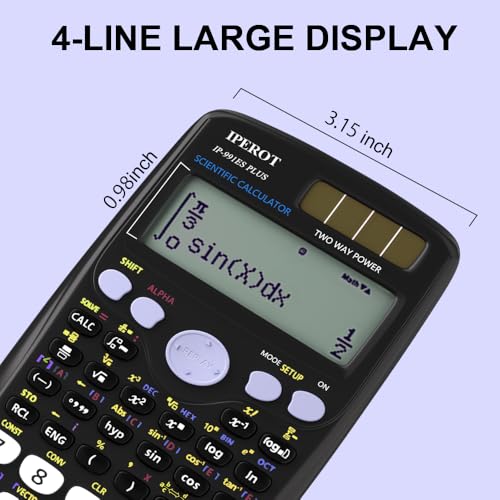 Image of Scientific Calculators, IPEROT Black Math Calculator with 417 Function, Solar Battery Power and 4-Line Display, School Supplies for Middle High College Students Teachers (Black 991ES)