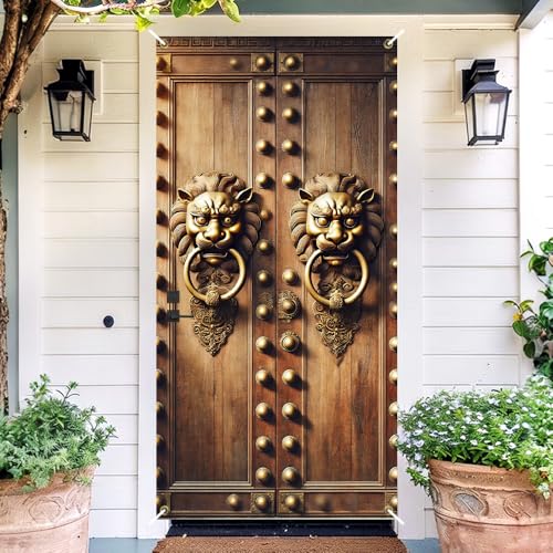 Image of Vintage Lion Head Door Cover 35x71in Rustic Knocker Decor