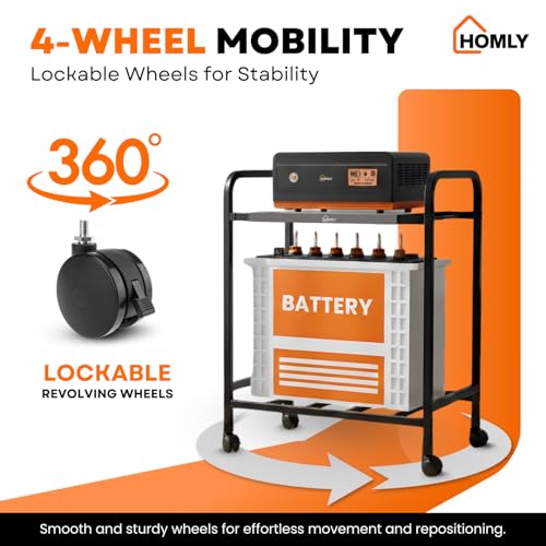 Image of Homly Uni Base Inverter Battery UPS Trolley Stand | Inventer Cabinent Box with 360 Rotating Lockable Wheels, Rust Resistant Inverter Stand | Supports 1 Inverter & 1 Battery Upto 100 kg - Black & Grey