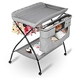 JOYMOR Folding Moblie Diaper Changing Table, Baby Changing Table for Infant, Portable Diaper Changing Station with Wheels, Large Storage Basket ＆ Shelf Portable Nursery Organizer (Grey)