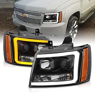 AmeriLite 2007-2013 for Chevy Avalanche/Suburban/Tahoe Switchback LED Tube Projector Black Headlights Turn Siganl Assembly Replacement Pair - Passenger & Driver Side