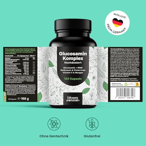 Glucosamin Kapseln Komplex Hochdosiert - 120 Kapseln - Mit MSM, Weihrauch, Pinienrinde, Vitamin C & Mangan - Produziert in Deutschland - Glukosamin Komplex - Verpackung kann variieren
