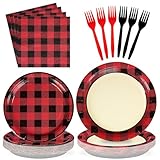 96PCS Red and Black Buffalo Plaid Party Supplies Lumberjack Plaid Party Plates and Napkins Disposable Christmas Red Black Gingham Tableware for Birthday Lumberjack Party Decorations Serves 24