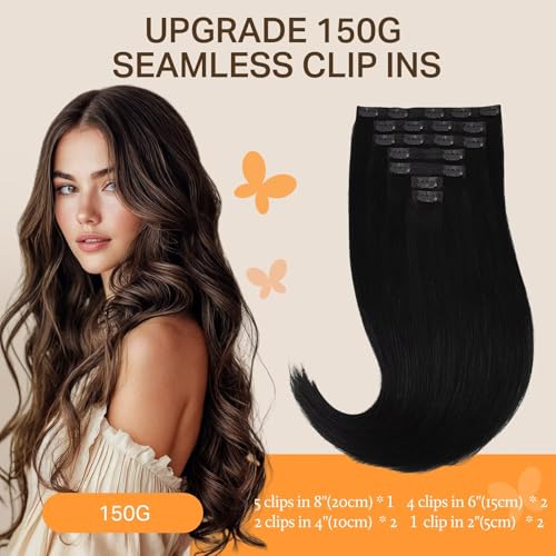 Image of DOORES Clip in Human Hair Extensions, Jet Black 130g 9pcs 14 Inch, Thick Seamless Hair Extensions Clip ins Natural Straight Remy Weft