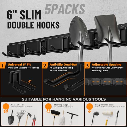 Image of 99 inch Heavy Duty Garage Tool Organizer Wall Mount, Steel Garage Storage Rack Holds up to 900 lbs with Adjustable Hooks, Wall Mounted Tool Organizer for Garage, Shed & Yard, 6 Panels, 13 Hooks & 2 Straps