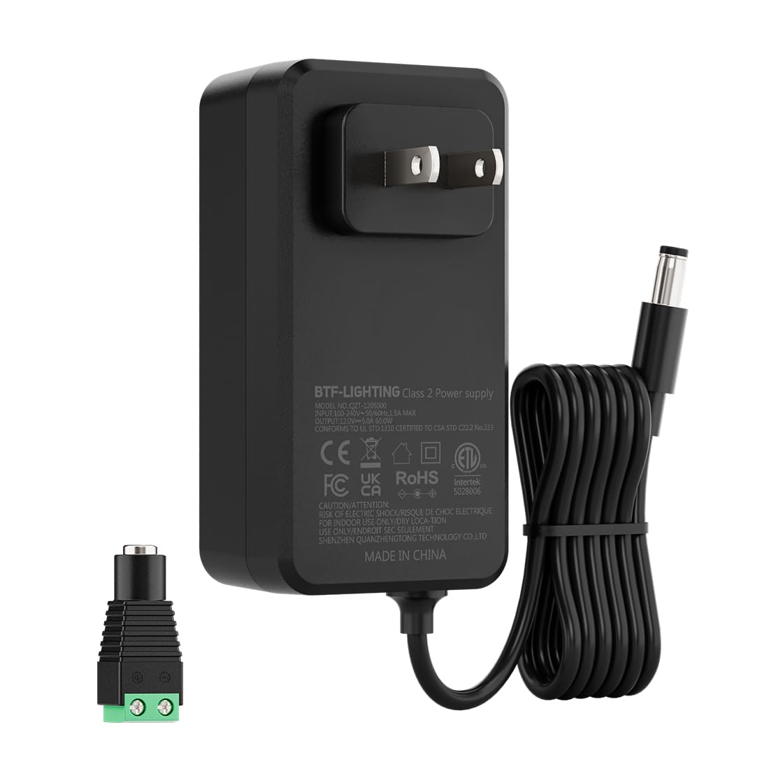 BTF-LIGHTING 12V 5A 60W Power Supply Adapter ETL Listed 100-240V AC to 12V DC Converter Class 2 Power Supply, 5.5x2.1mm Jack for for Low Voltage LED Strip Lights, CCTV, Router, Electronics