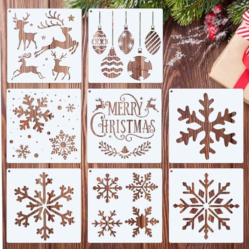 Kiiwah 8 Pièces Pochoir Noel Flocon de Neige, Fenetre en Plastique Réutilisable Grand Pochoir pour Peinture Décoration de DIY