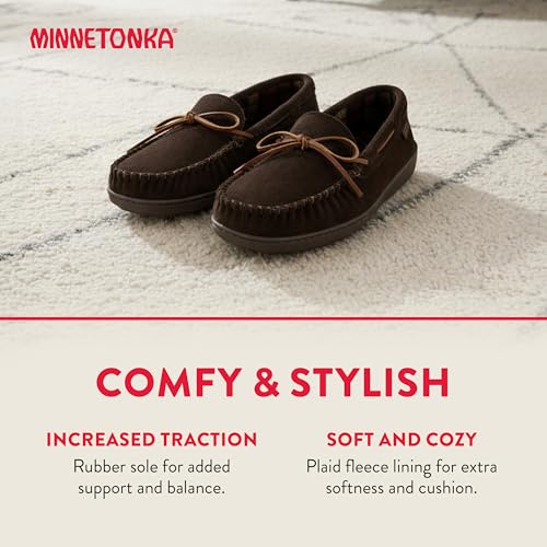 Image of Minnetonka Plaid Lined Hardsole - Moccasin Slippers for Men Made with Suede Upper, Rubber Sole, Plush Interior, Fleece Lining, Rawhide Lace, and Traditional Moccasin Design