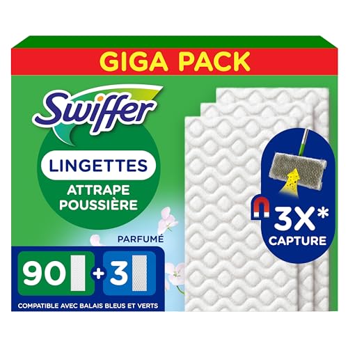 Swiffer Lingettes Pour Balai Attrape-Poussière, 90 Lingettes Sèches et 3 Lingettes Humides, Attrape Et Retient 3x Plus de Poussière qu'un Balai Classique,...