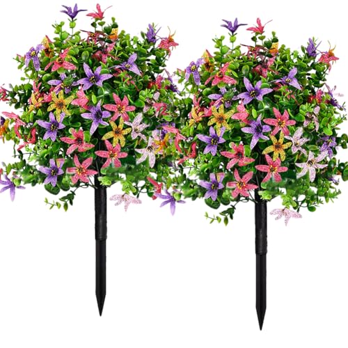 MTICYL 23.6in Artificial Boxwood Topiary Ball Trees with Flowers,2 Pack UV Resistant Faux Greenery Shrubs for Outdoor with Ground Spike,Fake Boxwood Plants for Front Porch Garden Yard