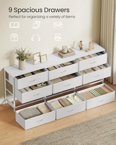 Image of SONGMICS Dresser with 9 Fabric Drawers, TV Stand for TVs Up to 70 Inches | Wide Dresser, Chest of Drawers for Bedroom and Living Room, Cloud White, BELLAH Collection ULGS233WH02S