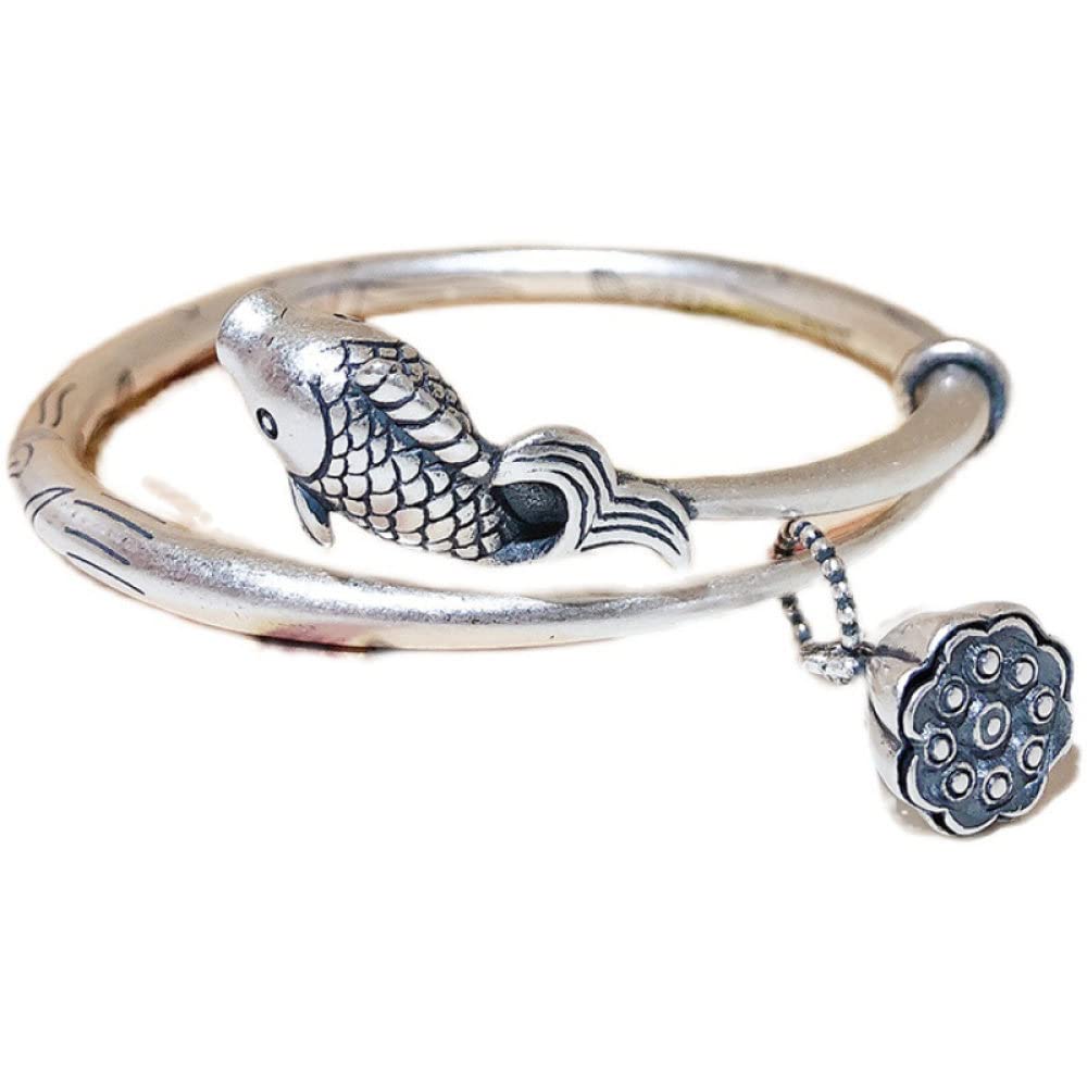 Fußkettchen Mode Dekoration Armbänder Silber Fußkettchen for Frauen, 925 Sterling Silber Armreif Vintage Ethnisch Doppel Fisch Anhänger Manschette Armreif Verstellbares Offenes Amulett Armband Ewigkei