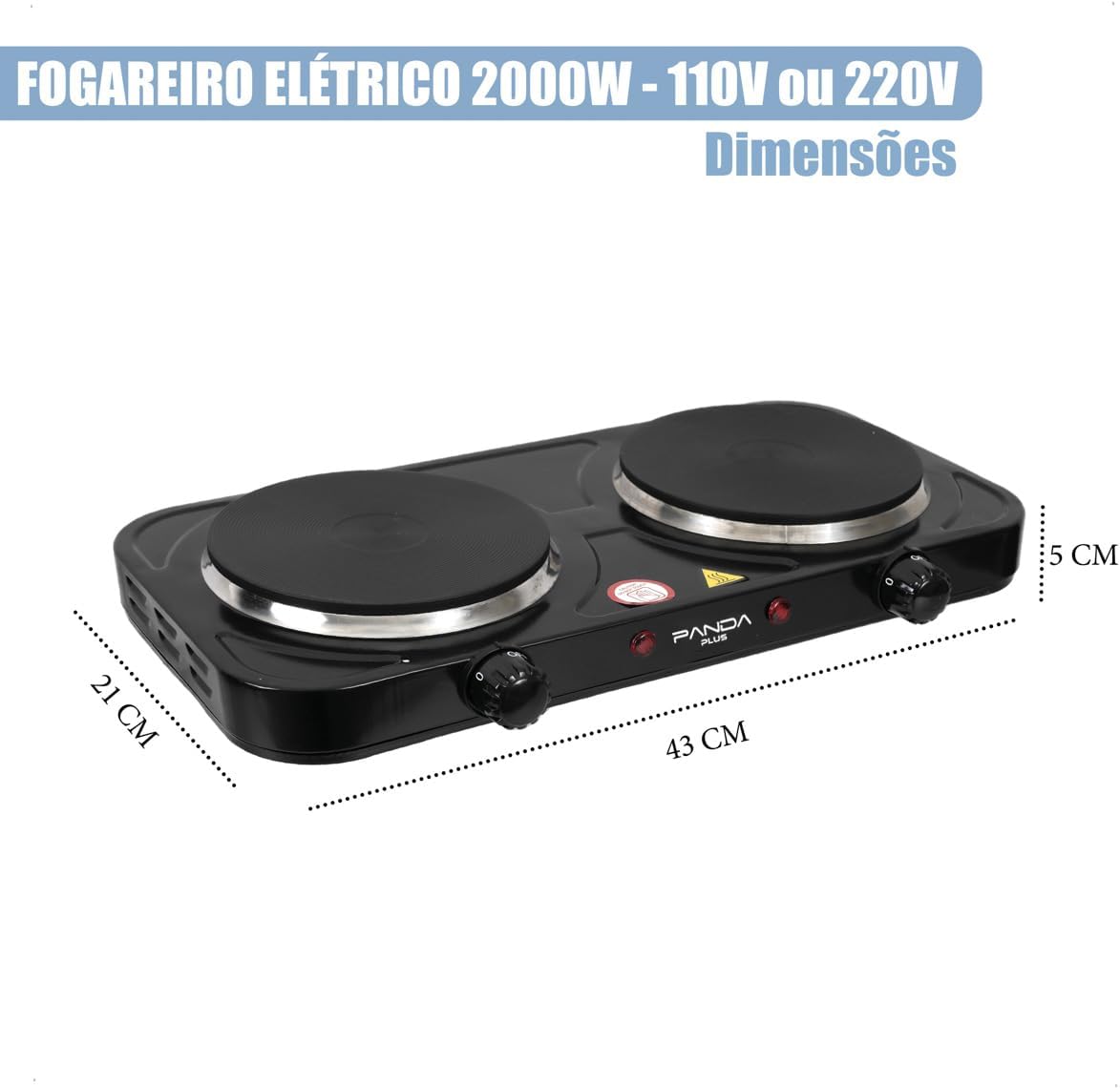 Fogão Elétrico Portátil Cooktop de Mesa 2 Bocas Panda Plus 220V Preto 2000W