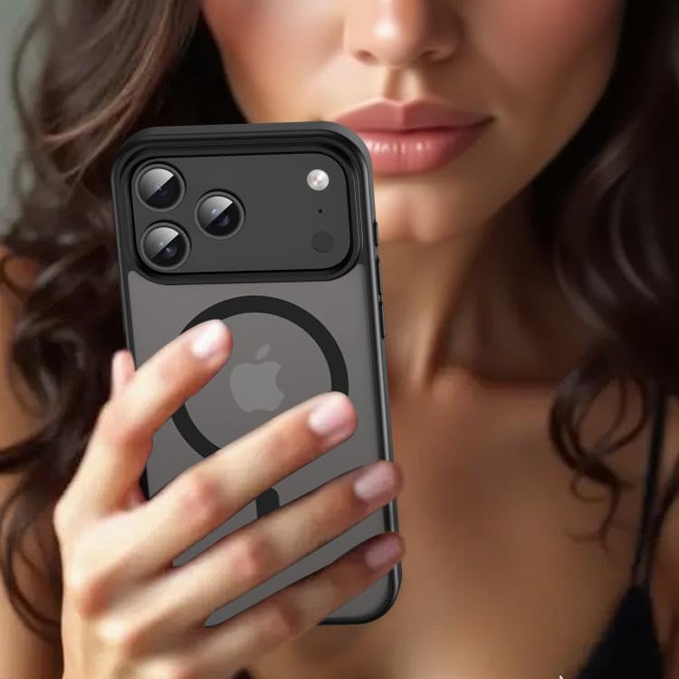 Image of Elzzi Magnetic for iPhone 17 Pro Max Case (Compatible with MagSafe) Slim Translucent Matte Shockproof with Anti-Fingerprint Phone Case, Black Matte Translucent