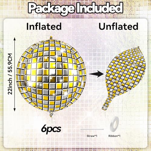 Image of 6pcs 22 Inch Gold Disco Ball Balloons, Gold Silver Big Disco Balloons, 4d Large Foil Aluminum Balloon For Birthday Baby Shower 70s 80s 90s Theme Party Wedding Engagement Graduation New Year Decoration