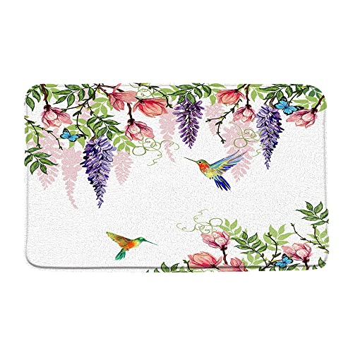 Kolibri-Badematte, Aquarell, Blume und Vogel, Vintage, floral, botanisch, Pflanze, blühend, Frühlingsgarten, natürliche Landschaft, Badezimmer, Mikrofaser, Memory-Schaum, WC, Bodenteppich Cover