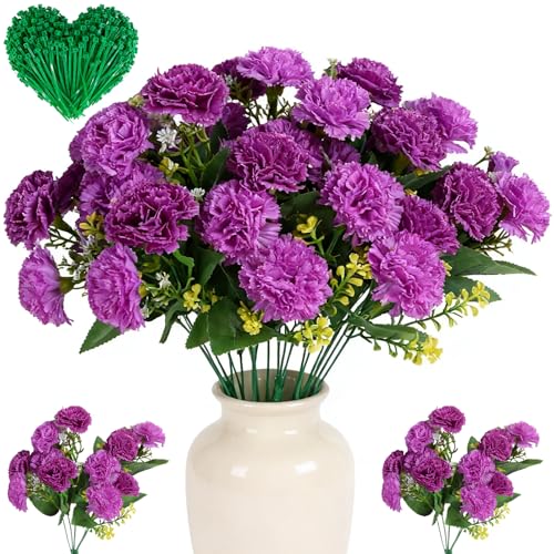 ZenyTra Lot de 24 têtes d'œillets artificiels violets, 2 touffes avec tiges de 36 cm et 10 ficelles, fleurs en soie de qualité supérieure résistantes aux...