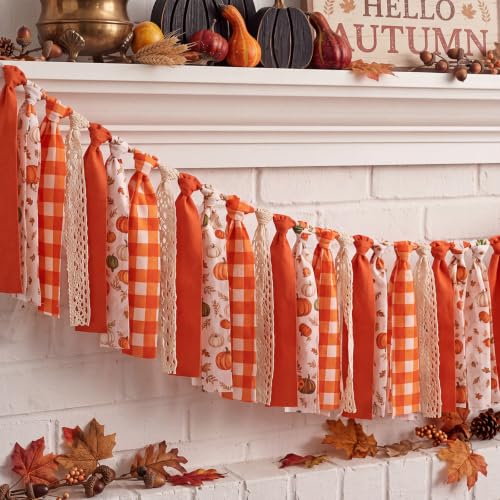 Chumia 4 ft Fall Pumpkin Tassel Garland Autumn Checkered Fabric Rag Banner