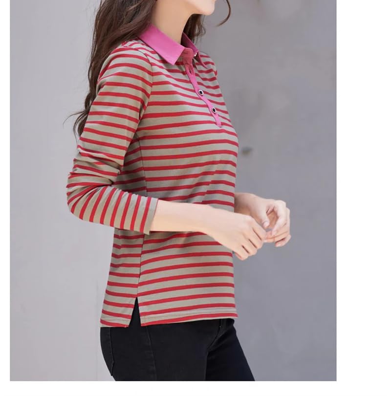 REHJJDFD Femmes Manches Longues Rayé Coton Polo Stretch Slim Tricoté Taille Shirt Top