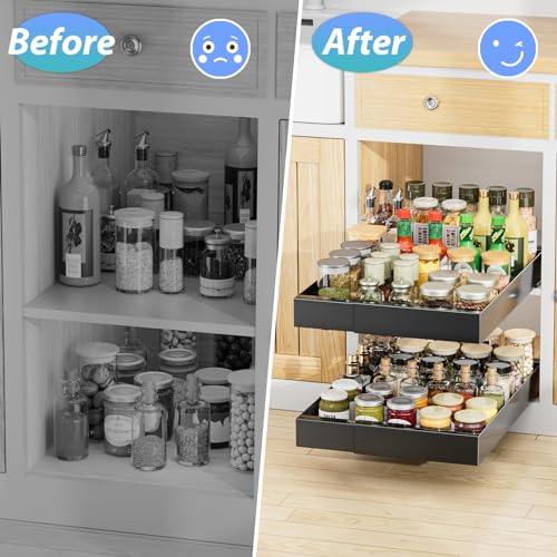 OVICAR Expandable Cabinet Organizer Drawer - Pull Out Cabinet Drawers 21\" Deep Adhesive Slide Out Storage Shelf with 4pcs Divider Racks for Kitchen Pantry Bathroom Home, 12.2\"-20.7\" W, Black