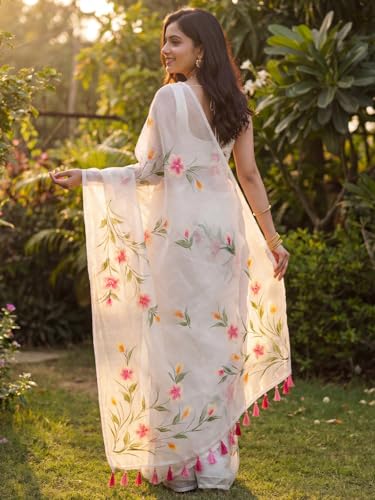 Image of AKHILAM Women's Cotton Saree with White Daisy Floral Prints Tassel Pallu Lightweight Summer Saree
