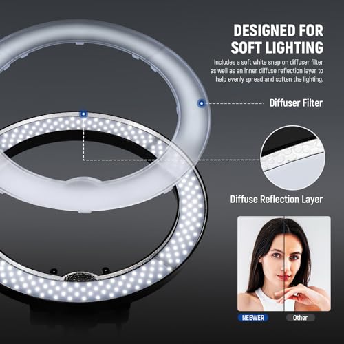 NEEWER Ring Light 18inch Kit: 55W 5600K Professional LED with Stand and Phone Holder, Soft Tube & Bag for Tattoo Lash Extension Barber Makeup Artist Studio Video Photography Lighting, RL-18