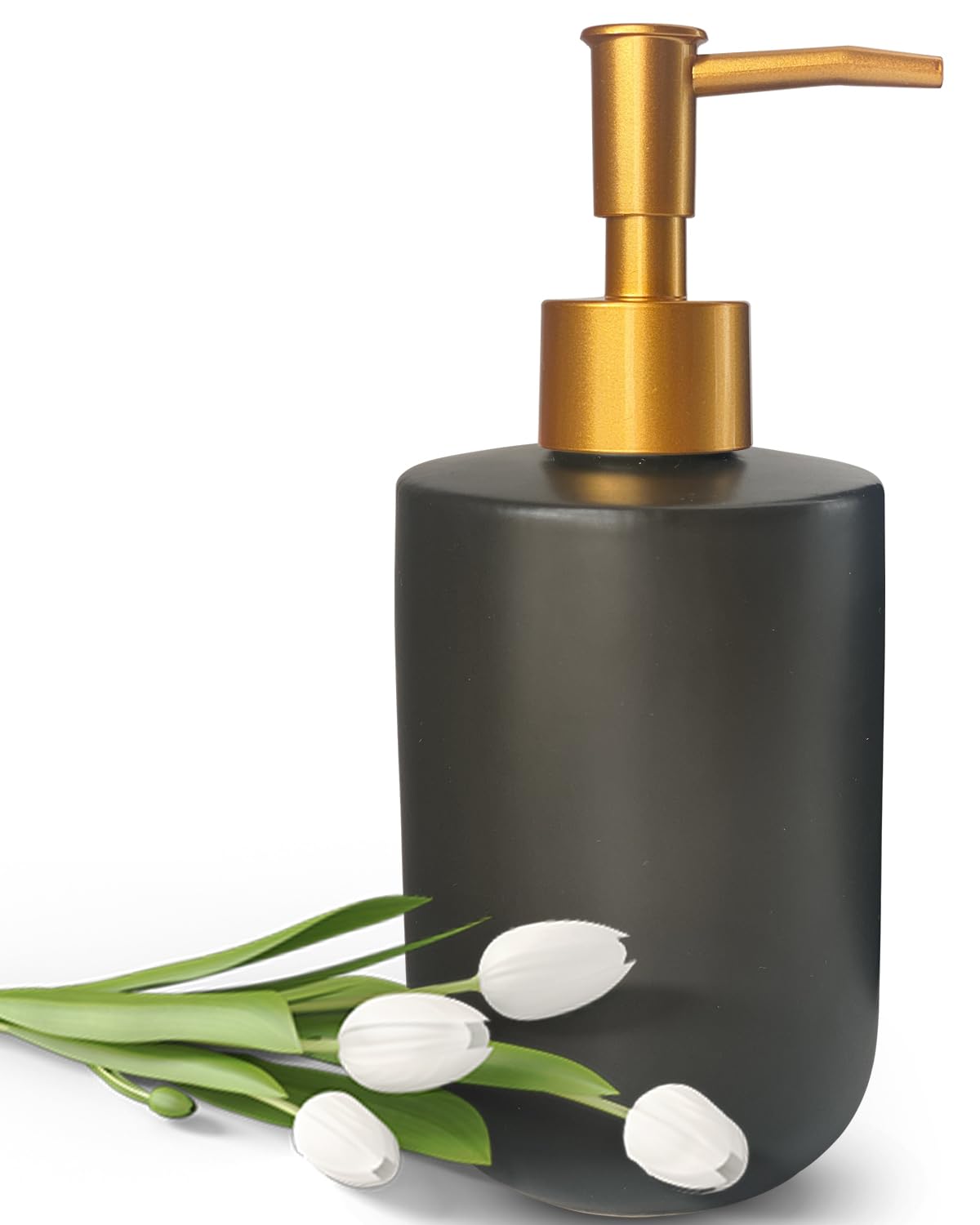 Unbonsouhait Gold Liquid Soap Dispenser For Bathroom With Pump，Dish Soap Dispenser For Kitchen，Refillable Countertop Lotion Ceramics Black Hand Soap Dispenser For Shower 420Ml(Cylindrical Black Bottle)